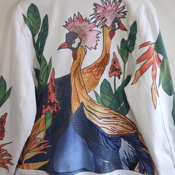 Chico's Tropical Embellished White Denim Jacket Floral Artsy 16/18 Chico 3 - Picture 3 of 12